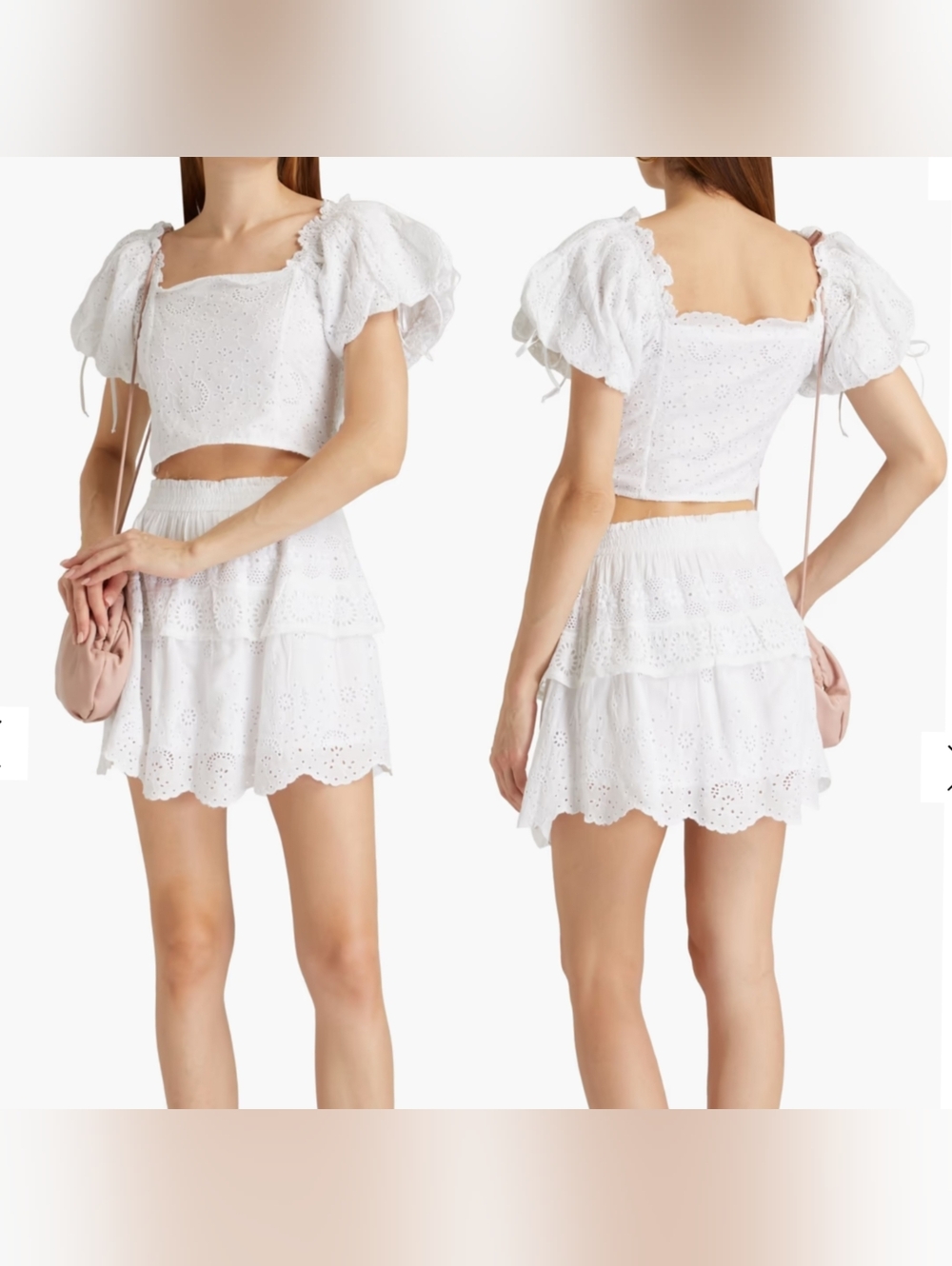 LoveShackFancy Melina White Eyelet Cropped Puff Sleeve Crop Top 2 Small Cotton